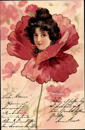 Jugendstil Litho Frauenportrait in einer Mohnblüte