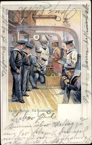Litho Kaiserliche Marine, die Bumbootsfrau, Seeleute, deutsches Kriegsschiff