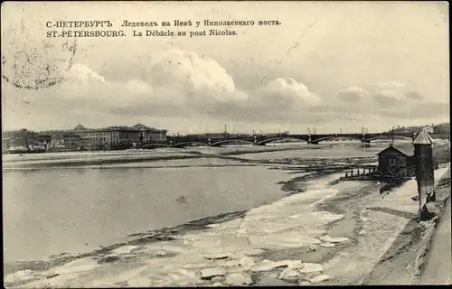 Ak Sankt Petersburg Russland, La Débâcle au pont Nicolas, Eisschollen, Brücke