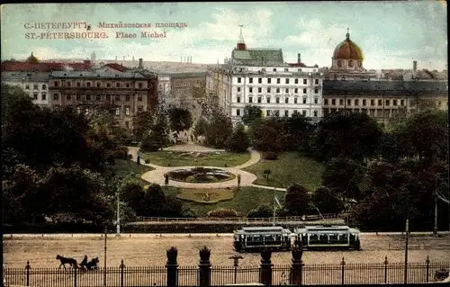 Ak Sankt Petersburg Russland, Place Michel, Straßenbahn