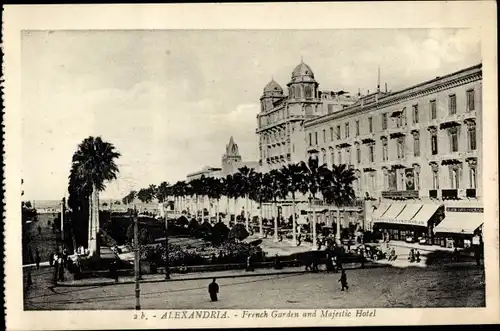 Ak Alexandria Ägypten, French Garden and Majestic Hotel