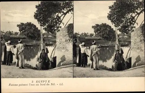 Stereo Ak Ägypten, Femme puisant l'eau au bord du Nil