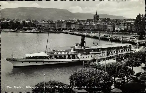 Ak Genève Genf Stadt, Debarcadere du Quai du Mont Blanc et Bateau Salon La Suisse, Salondampfer