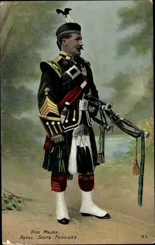 Ak Pipe Major, Royal Scots Fusiliers, schottischer Soldat in Tracht mit Dudelsack