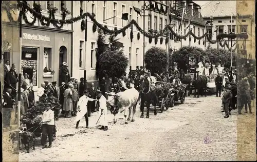 Foto Ak Triptis Thüringen, Festzug, Fuhrwerke, Hundekarren, Ansichtskartengeschäft Fotograf Martini