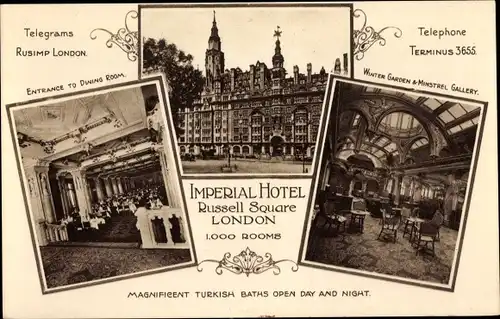 Ak London England, Imperial Hotel, Russell Square, Hotel von aussen und innen