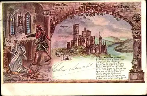 Litho Stolzenfels Koblenz am Rhein, Burg, Sage der Elsbeth von Stolzenfels