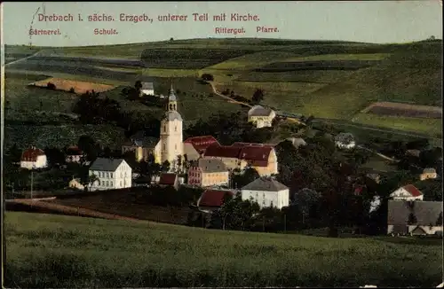 Ak Drebach in Sachsen, unterer Teil mit Kirche, Gärtnerei, Schule, Rittergut, Pfarre