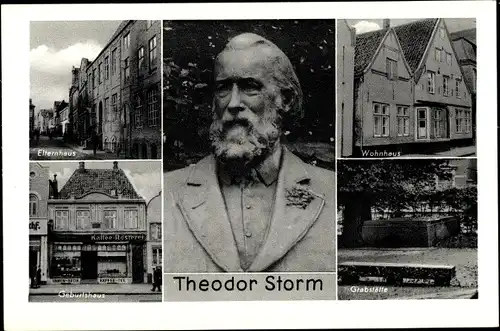 Ak Husum in Nordfriesland, Theodor Storm, Denkmal, Elternhaus, Geburtshaus, Grabstätte, Wohnhaus