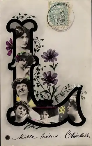 Buchstaben Ak Buchstabe L, Frauenportraits, Blumen