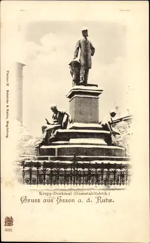 Ak Essen im Ruhrgebiet, Krupp-Denkmal (Gussstahlfabrik) im Schnee