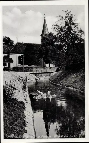Ak Niederbühl Rastatt im Schwarzwald, Bachpartie mit Kirche