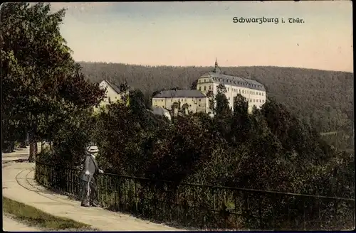 Ak Schwarzburg Thüringen, Promenade, Schloss, Mann