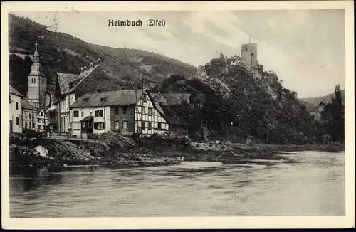 Ak Heimbach in der Eifel, Blick auf Fachwerkhäuser, Ruine, Berg