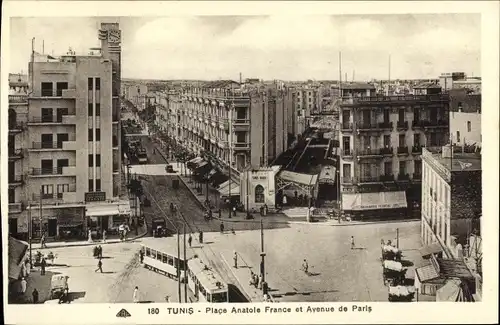 Ak Tunis Tunesien, Place Anatole France et Avenue de Paris, Straßenbahn