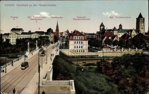 Ak Poznań Posen, Theaterbrücke, Residenzschloss, Pfandbriefanstalt,Paulikirche,Ansiedlungskommission