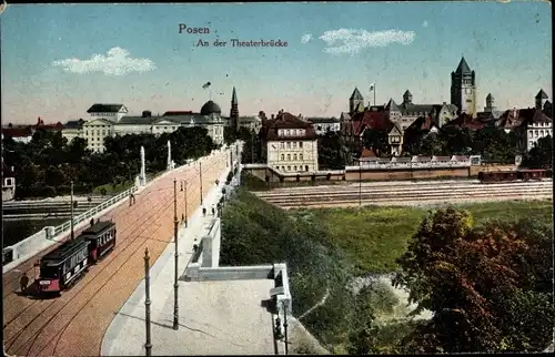 Ak Poznań Posen, An der Theaterbrücke, Straßenbahn