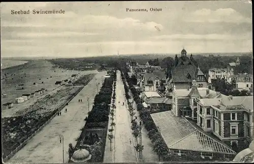 Ak Świnoujście Swinemünde Pommern, Panorama von Osten, Strandpromenade