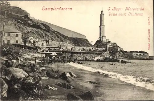 Ak Sampierdarena Genova Genua Liguria, I Bagni Margherita, Vista dalla Lanterna, Leuchtturm