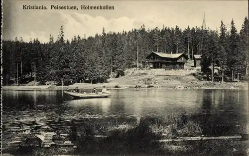 Ak Oslo Norwegen, Peisestuen, Holmenkollen, Wasserpartie mit Boot