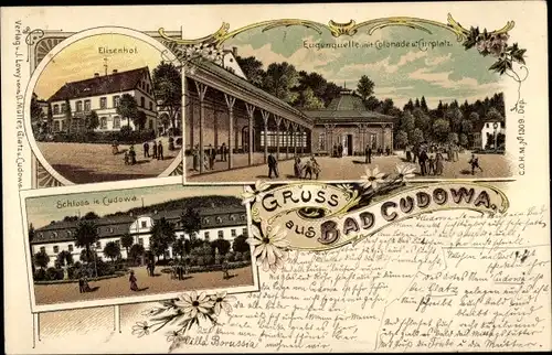 Litho Kudowa Zdrój Bad Kudowa Schlesien, Elisenhof, Eugenquelle, Kolonnade, Kurplatz, Schloss