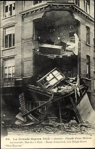 Ak Anvers Antwerpen Flandern, Facade d'une Maison, Rue des 3 Rois, Kriegszerstörung 1. WK