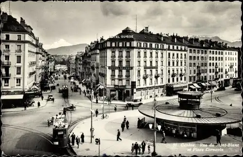 Ak Genève Genf Schweiz, Rue du Mont-Blanc et Place Cornavin, Hotel Suisse