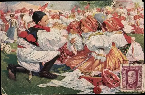 Künstler Ak Uprka, J., Tanzende Menschen in tschechischen Trachten, Od ktere?