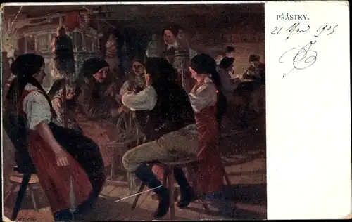 Künstler Ak Spillar, J., Prastky, Frauen in tschechischen Trachten, Spinnrad, Gasthaus