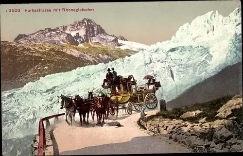 Ak Kanton Wallis, Furkastraße mit Rhonegletscher, Postkutsche