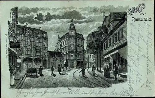 Mondschein Litho Remscheid im Bergischen Land, Straßenpartie, Passanten