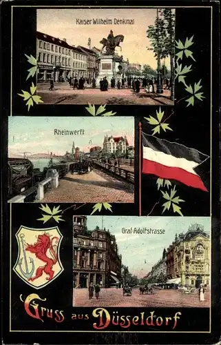 Ak Düsseldorf am Rhein, Wappen, Fahne, Kaiser Wilhelm Denkmal, Rheinwerft, Graf Adolfstrasse