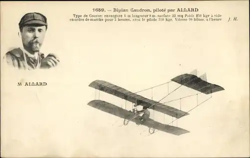 Ak Biplan Caudron, pilote par Allard, Flugpionier, Flugzeug
