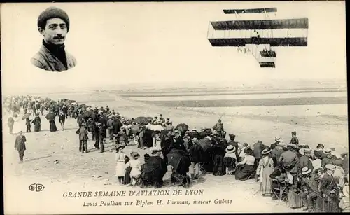 Ak Grande Semaine d'Aviation de Lyon, Louis Paulhan sur Biplan H. Farman