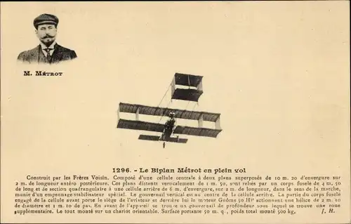 Ak Le Biplan Metrot en plein vol, Flugzeug, M. Metrot, Pilot