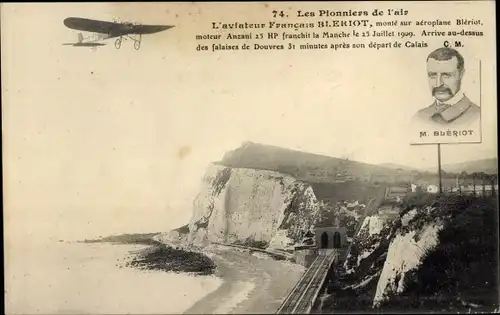 Ak Calais Pas de Calais, Les Pionniers de l'air, aviateur Francais Bleriot sur aeroplane Bleriot