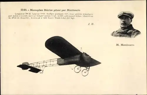 Ak Monoplan Bleriot, pilote par Manissero, Flugpionier