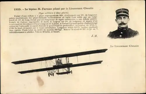 Ak Französisches Militärflugzeug, Biplan Farman, pilote par Lieutenant Cheutin