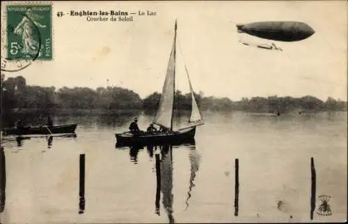 Ak Enghien les Bains Val d’Oise, Le Lac, Luftschiff, Segelboot