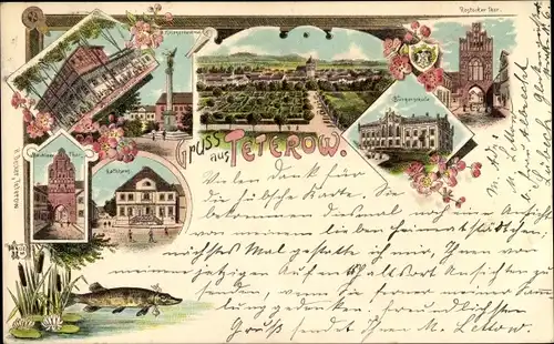 Litho Teterow in Mecklenburg, Bürgerschule, Rostocker Tor, Rathaus