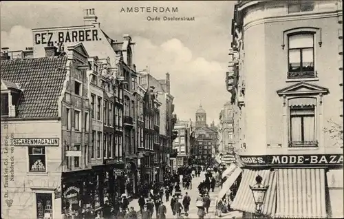 Ak Amsterdam Nordholland Niederlande, Oude Doelenstraat, Straßenpartie, Geschäfte