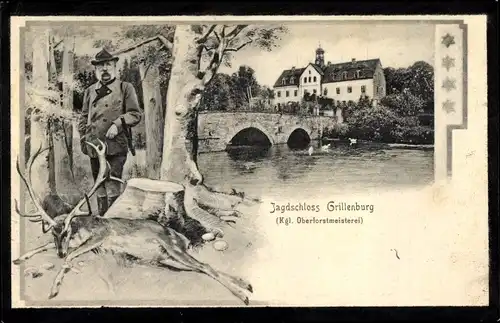 Ak Grillenburg Tharandt in Sachsen, Jagdschloss, König Albert von Sachsen, Jäger