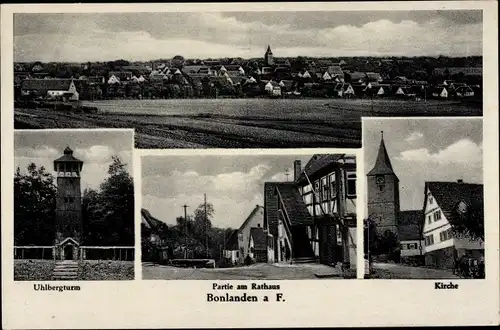 Ak Bonlanden Filderstadt Baden Württemberg, Partie am Rathaus, Uhlbergturm, Kirche, Panorama vom Ort