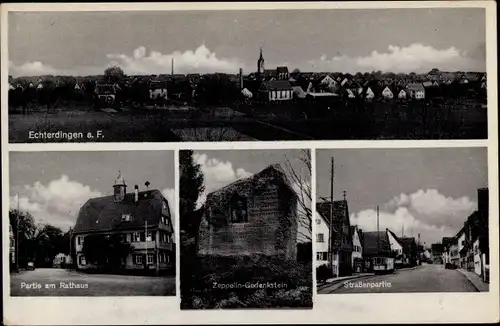 Ak Leinfelden Echterdingen auf den Fildern, Partie am Rathaus, Zeppelin-Gedenkstein, Straßenpartie