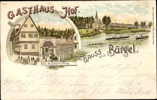 Litho Bürgel Offenbach am Main Hessen, Gasthaus zum Hof, Dampfer, Ruderboot