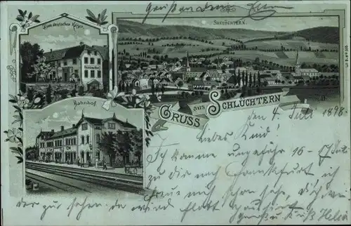 Mondschein Litho Schlüchtern in Hessen, Totalansicht, Bahnhof, Zum Deutschen Kaiser