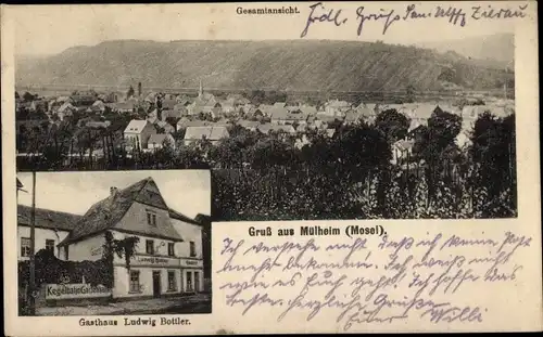 Ak Mülheim an der Mosel, Gesamtansicht, Gasthaus Ludwig Bottler