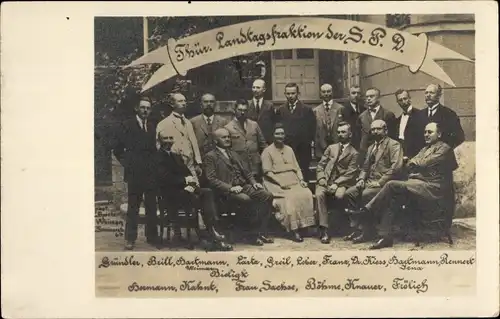 Foto Ak Thüringer Landtagsfraktion der SPD, 1929 - 1932 ?, Gründler, Brill, Hartmann, Franz, Greil