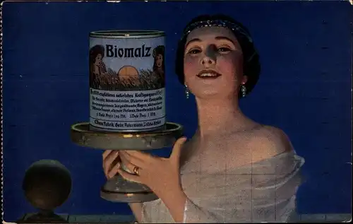 Ak Reklame, Kräftigungsmittel Biomalz, Frau mit Dose