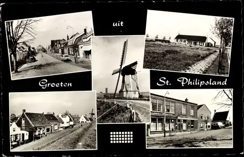 Ak Sint Philipsland Zeeland, Straßenpartie, Windmühle, Detailansichten